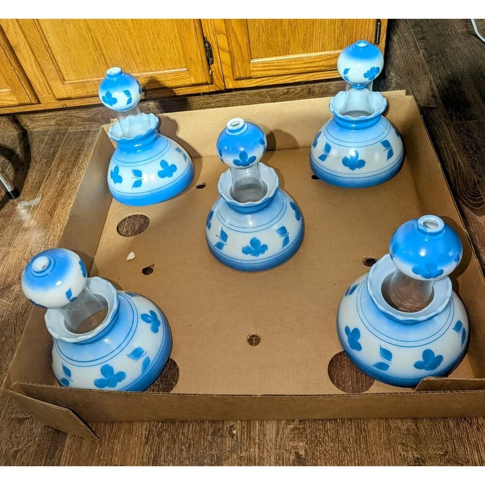 Vintage 15 Pc Set Fitter Blue Flower Glass Hurricane Lamp Shades & Ball Shades